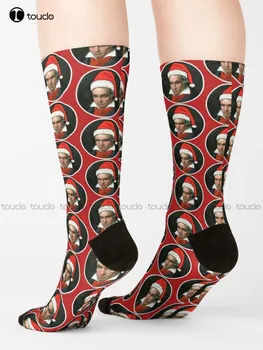 Бетховен в шляпе Санта-Клауса, носки, высокие носки, Мультяшный комфорт, Спорт для лучших девушек, цифровая печать 360 °, подарочная уличная одежда на заказ