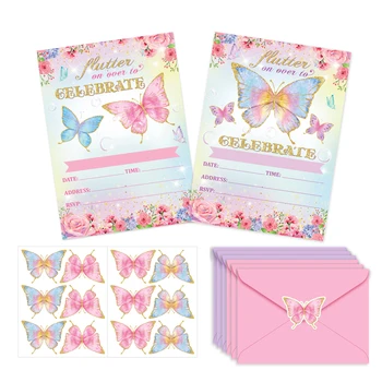 10 Мультяшных красочных бумажных приглашений на вечеринку с весенней бабочкой, открытки, наклейки, конверты, декор для Дня рождения ребенка, свадьбы, вечеринки