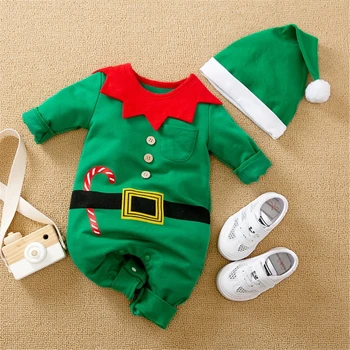 Рождественская осенне-зимняя одежда для мальчиков и девочек, Рождественский Зеленый комбинезон для косплея с длинными рукавами, детский комбинезон