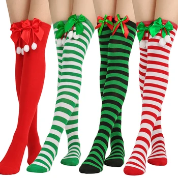 Рождественские чулки, аксессуары для одежды для вечеринок, Носки, Рождественские гольфы выше колена, чулки с бантом