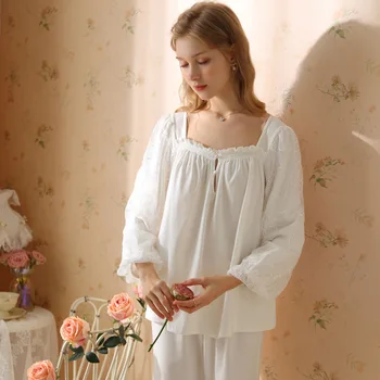 Пижамный комплект Princess, женская пижама, белый хлопковый домашний костюм, кружевная весенне-осенняя одежда для сна, FG609
