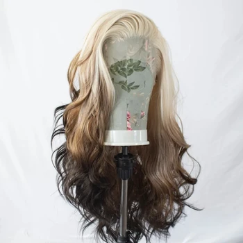 Омбре Блонд Цветной Объемный Волнистый Кружевной парик спереди Косплей Синтетический Парик из длинных волос для женщин девочек Бесклеевой Термостойкий