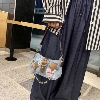 2024 Новая мода Корейская Винтажная Джинсовая сумка через плечо Y2k Star с цепочкой в стиле пэчворк, Женская Багетная сумка, Привлекательная Уличная одежда, Модные сумки
