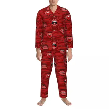 Пижамы с принтом губ, весенние забавные рты, повседневные Свободные пижамные комплекты большого размера, мужской Мягкий домашний костюм на заказ