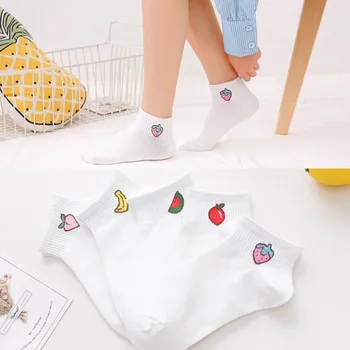 5 пар хлопчатобумажных носков, женские носки с фруктовой вышивкой для девочек, белые чулочно-носочные изделия, впитывающие пот, тапочки
