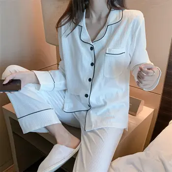 Женская пижама в сплошную полоску с длинными рукавами, которую можно носить снаружи. Простой комплект домашней одежды, пижамный комплект из двух предметов