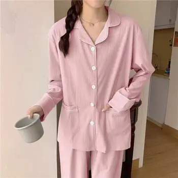 Женская пижама в сплошную полоску с длинными рукавами, которую можно носить снаружи. Простой комплект домашней одежды, пижамный комплект из двух предметов