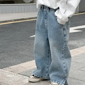 Детские брюки Корейская детская одежда для мальчиков 2024 Весенние Новые брюки Прямые повседневные джинсы с эластичной резинкой на талии