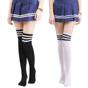 Женские носки в стиле Лолиты, черно-белые полосатые носки, Длинные чулки, теплые гольфы до бедра для девочек, японские модные полосатые гольфы до колена