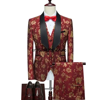 2023 Модный новый мужской бутик, деловой свадебный костюм для ведущего, комплект из трех предметов / Мужские блейзеры с принтом горячего тиснения, куртка, Брюки, жилет