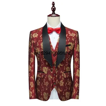 2023 Модный новый мужской бутик, деловой свадебный костюм для ведущего, комплект из трех предметов / Мужские блейзеры с принтом горячего тиснения, куртка, Брюки, жилет
