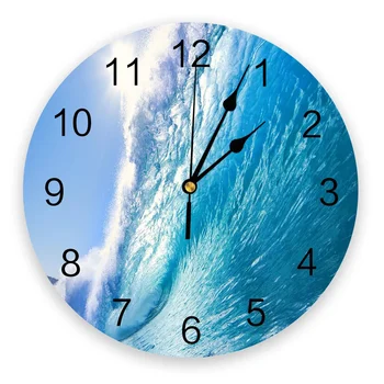 Синие морские волны Пейзаж ПВХ Настенные часы Украшение гостиной Настенные часы Современный дизайн Домашний Декор Настенные Цифровые часы