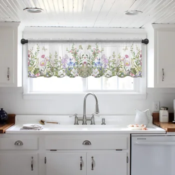 Винтажная акварельная трава, короткие прозрачные занавески на окно, тюлевые занавески для кухни, спальни, домашнего декора, маленькие вуалевые шторы