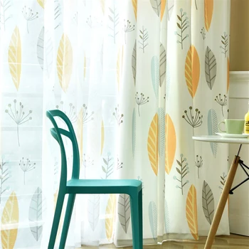 Желто-серые льняные шторы для гостиной спальни, занавеска с принтом листьев, занавеска для детской комнаты, прозрачная тюлевая занавеска