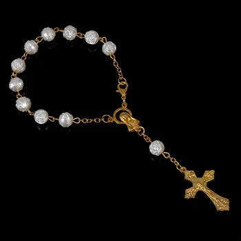 12 шт. /партия 8 мм имитация золота с жемчугом религиозные четки католический браслет женский оптовый браслет из бисера ювелирные изделия