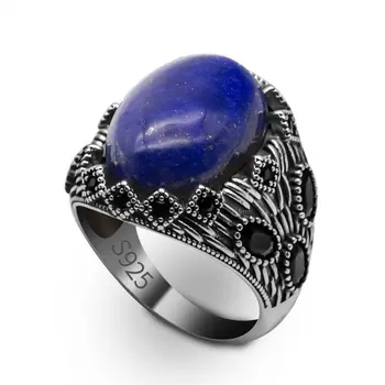 Мужское обручальное кольцо из настоящего серебра 925 пробы оптом, натуральный лазурит, синий камень, винтажное кольцо ручной работы