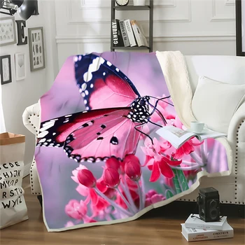 Модное покрывало CLOOCL с розовой бабочкой и цветком, двухслойные одеяла с 3D-принтом для детей и взрослых, шерп-одеяла для дивана 5 размера