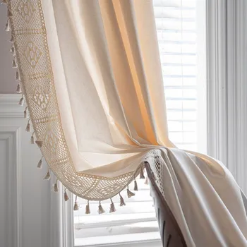 Американская однотонная плотная штора из хлопка и льна с тасселями, Плотные готовые шторы для спальни, шторы в гостиной