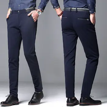 Повседневные брюки мужские Осенне-зимние новые эластичные деловые брюки Slim Fit на флисовой подкладке, модные прямые брюки большого размера для мужчин
