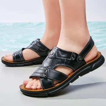 Мужские сандалии из коровьей кожи, противоскользящая пляжная обувь, летняя обувь для отдыха, мягкие рыбацкие сандалии