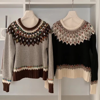 Корейский Ленивый стиль, Винтажный жаккардовый пуловер с цветочным рисунком, Свитер, Женский Высококачественный плотный Зимний осенний модный повседневный трикотаж