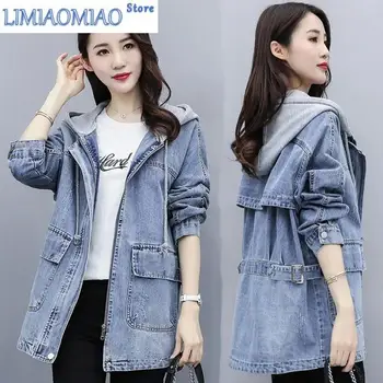 Новая женская джинсовая куртка Весна Осень джинсовая куртка с капюшоном Женская средней длины Женская корейская свободная