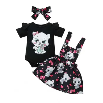 Наряды для маленьких девочек 0-18 месяцев Летний Милый кот с коротким рукавом на подтяжках Комплект платья Боди Топы с юбками Лента для волос 3 шт. компл