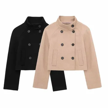 Новое двухцветное модное темпераментное тонкое короткое двубортное пальто в стиле ретро с длинными рукавами, шикарное женское пальто 2023 года