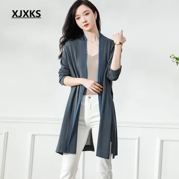 XJXKS, Свободный Модный женский кардиган оверсайз с V-образным вырезом, Весна-осень 2023, Новое вязаное длинное пальто, женский свитер, куртка
