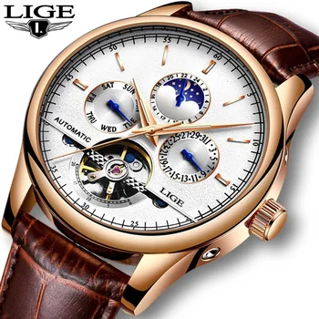 2024 Мужские часы LIGE Автоматические Механические Часы Tourbillon Спортивные часы Кожаные Повседневные деловые Ретро наручные часы Relojes Hombre