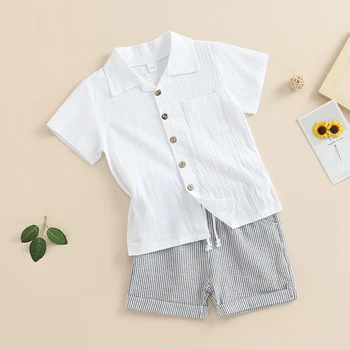 Летняя хлопчатобумажная льняная одежда для малышей от 1 до 3 лет, рубашка на пуговицах с коротким рукавом и эластичным поясом, шорты с принтом в полоску, наряды