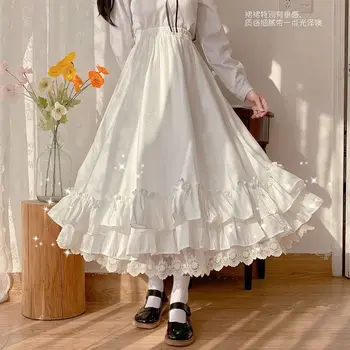 Японская юбка трапециевидной формы Kawaii Lolita, Белая Юбка Феи, Новая Модная повседневная Готическая юбка с высокой талией, Женская юбка длиной до щиколоток