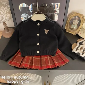 Комплект одежды из 2 предметов для маленьких девочек, осенне-зимний утолщенный вязаный кардиган + костюм с плиссированной юбкой