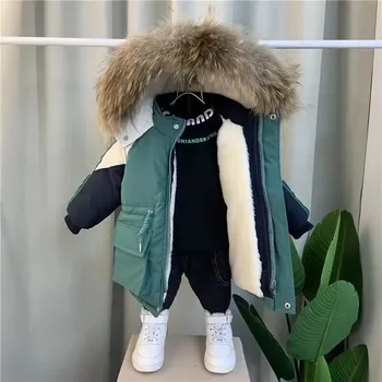 НОВАЯ детская теплая утепленная одежда Одежда для мальчиков Зимние пуховики Парка с капюшоном пальто из искусственного меха Детский зимний комбинезон для подростков