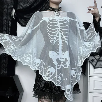 Женское пончо со скелетом на Хэллоуин, кружевной плащ со скелетом, костюм на Хэллоуин, пончо, пончо 