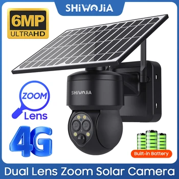 SHIWOJIA Outdoor 4G Солнечная Камера Ночного Видения 3K 6MP 12X Оптический Зум Безопасности WIFI Солнечная Панель 7500mA baterries Color CCTV