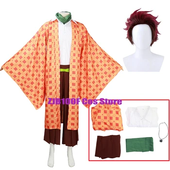 Оранжевый Камадо Танджиро, форма для косплея, костюм кимоно, аниме-демон, косплей, мультяшный костюм, наряд на Хэллоуин для мужчин