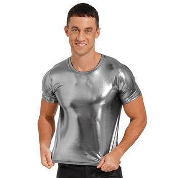 Мужская одежда, блестящая металлическая футболка с коротким рукавом, круглый вырез, глянцевые однотонные топы, одежда для танцев на шесте, рейв-фестиваль, наряд для вечеринки