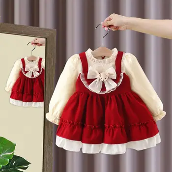 Осенне-зимнее плиссированное маленькое платье-стойка для девочек 2023 года с детским бархатным контрастным искусственным платьем принцессы из двух частей с оборками.