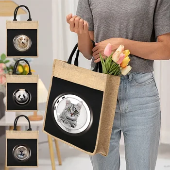 Многоразовая льняная сумка для покупок Женская сумка-тоут для покупок продуктов С рисунком на окне Удобная сумка для пикника Супермаркет