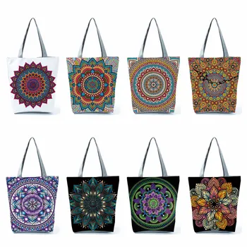Для леди, дорожные пляжные сумки, складные сумки с цветочным принтом, сумка-тоут с цветочным принтом в виде Мандалы, женская Эко-сумка для покупок многоразового использования на заказ