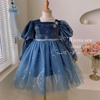 Бархатное платье с подкладкой для девочек 2023, Осенне-зимнее платье для дня рождения нового синего цвета плюс Бархатное утолщенное платье принцессы с зонтиком