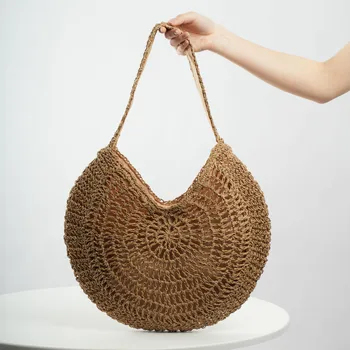 Модная соломенная тканая сумка ручной работы на круглой молнии большой емкости 2022, женские сумки ручной работы для летних пляжных путешествий и отдыха