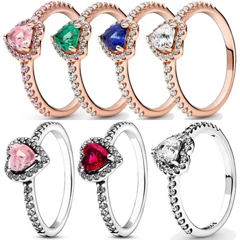 Подлинное кольцо из стерлингового серебра 925 пробы с красным, зеленым, синим, розовым сердечком С кристаллом для женщин, подарок на День рождения, модные украшения