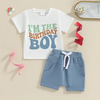 Детская Летняя одежда для малышей и мальчиков, одежда для дня рождения, футболка с короткими рукавами и шорты с надписью, Одежда из 2 предметов, комплект из 2 предметов