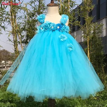 ШИКАРНАЯ МЕЧТА Длиной до колен, бирюзово-голубые платья для свадебных вечеринок для девочек в цветочек, бирюзовые бретельки принцессы с цветочным рисунком, детская одежда для девочек