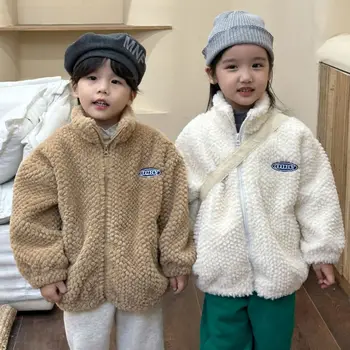 Детская куртка из искусственного меха кролика, осень-зима, утепленное пальто для девочек, мода для мальчиков, плюс бархатные топы с длинными рукавами, верхняя одежда