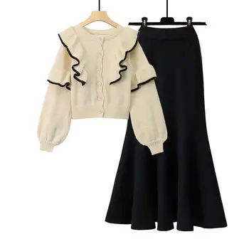 Вязаный свитер с круглым вырезом + юбка с высокой талией, повседневный комплект женской одежды 2024, весенне-осенний женский комплект из двух предметов
