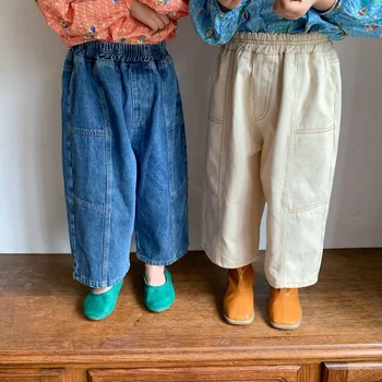 Детские повседневные джинсовые брюки в корейском стиле, джинсы унисекс оверсайз для мальчиков и девочек, свободные универсальные широкие брюки от 1 до 7 лет